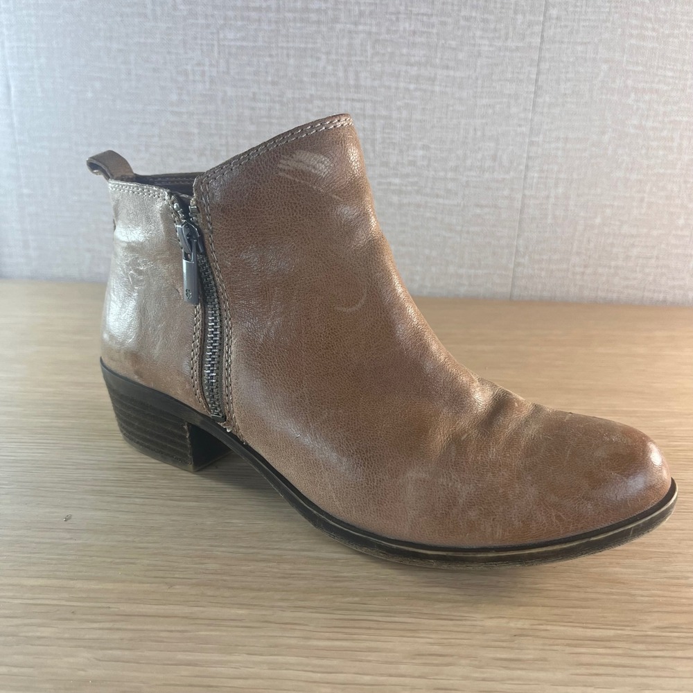 Lucky Brand Basel Leather Ankle Boots Tan Brown Dual Zip LK-BASEL 7.5M Boho